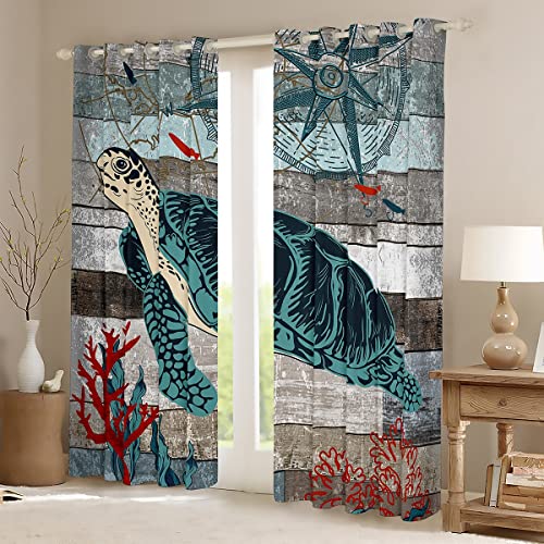 Homemissing Sea Turtle Curtains for Bedroom Living Room Kids Ocean Reptile Tortoise Blackout Curtains(30%-50%) Coral Sea Underwater World Dreapes Wood Grain Blue Grey Brown Cover W46*L54 - Image 2