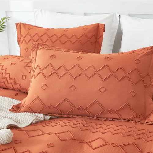 Image of EMME Boho Duvet Cover Twin Size Pumpkin - 2 Pieces Soft & Breathable Tufted Boho Shabby Chic Embroidery Bedding Set for All Seasons, 1 Duvet Cover with 1 Pillow Shams & Zipper Closure (Pumpkin, Twin)