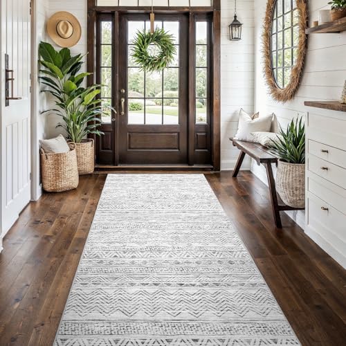 4x10 Washable Hallway Runner Rug:Moroccan Non-Slip Wide Runners for Entryway Kitchen Soft Modern Geometric Low-Pile Rugs for Living Room Thin Waterproof Carpet for Bedroom Bathroom Laundry(Grey,4x10)