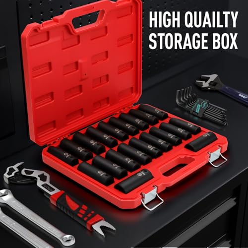 Image of DISEN 20PCS 1 /2 inch Impact Socket Set, Deep Sockets SAE 13 /16 inch-3 /8 inch & Metric 10-24mm, 6-Point Cr-V & Alloy Steel, 1 /2 Inches Drive Impact Socket Set,Rugged Construction, Enhanced Storage Case