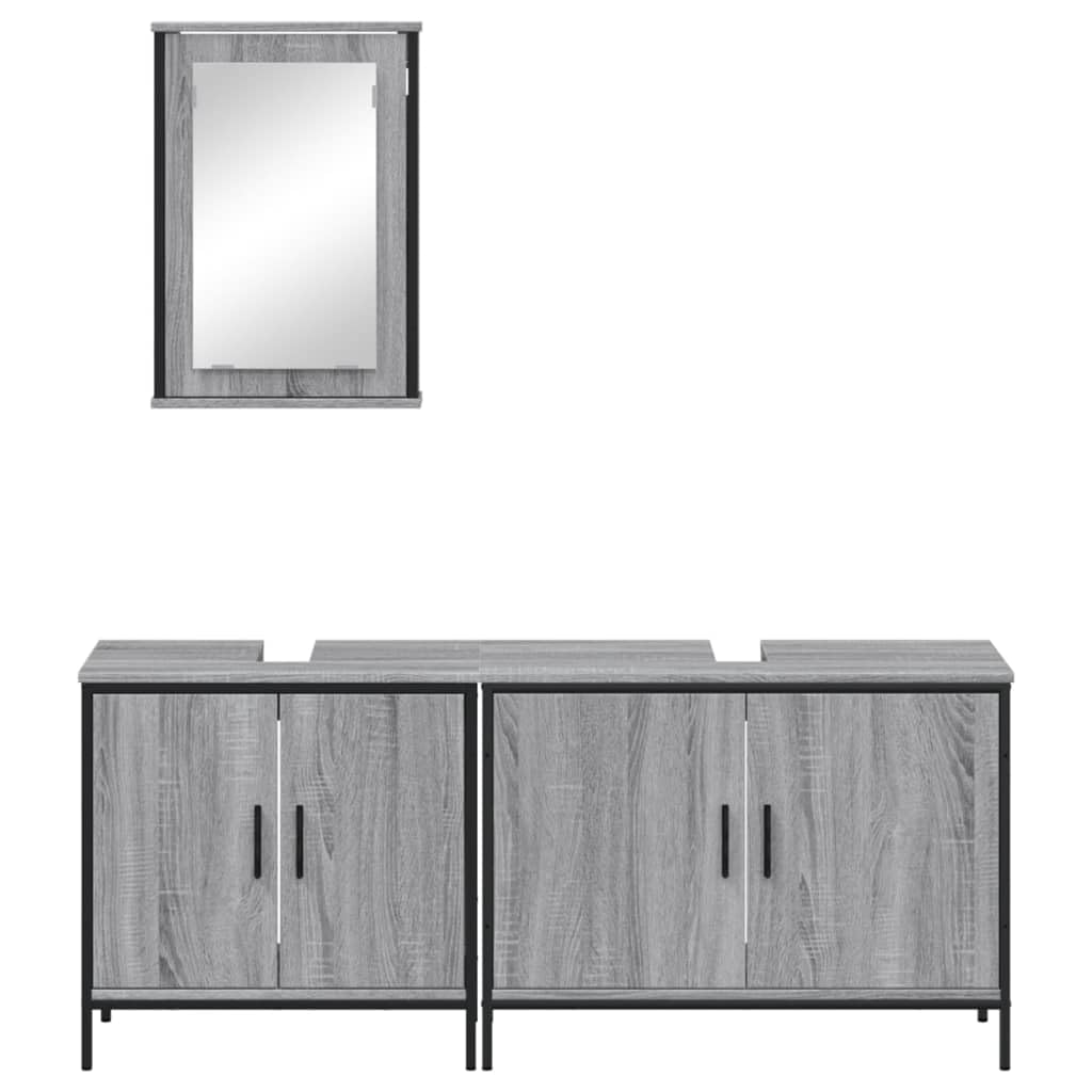SYDE Set Muebles de Baño 3 Pzas Madera Gris Sonoma | Con Espejo, Montaje en Pared, Resistente a Humedad, Amplio Almacenaje