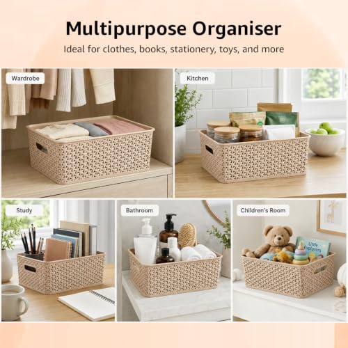 Image of Amazon Basics Set of 3 Plastic Storage Baskets with Lid - Stackable Organiser for Wardrobe, Kitchen, Clothes, Toys, Books, Office, Stationery - Multipurpose (Medium, 36x30x13 cm | Biscuit, Rectangular