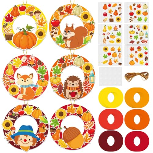 36 Sets Fall Animal Wreath Craft Kits DIY Autumn scarecrow pumpkin Paper Wreath Hanging Ornaments Make Your Own Thanksgiving Paper Art Craft with Stickers for School Home Party Decor Kids' Activities