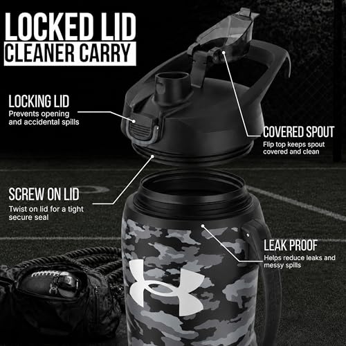 Image of Under Armour Insulated Water Bottle with Handle & Fence Hook, Half Gallon Sports Water Jug, Leak-Resistant & BPA-Free for Baseball, Football & Gym - Black Woodland, 64oz