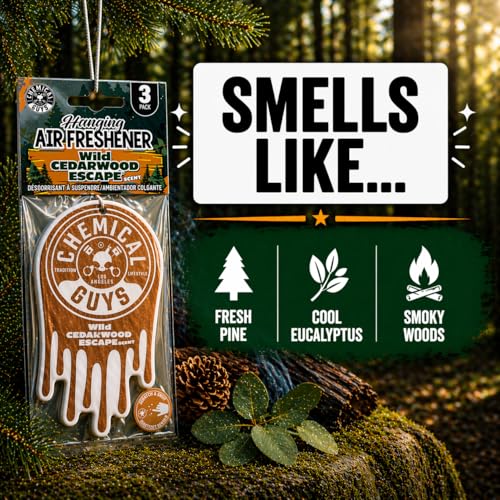 Image of Chemical Guys Hanging Car Air Freshener 12-Pack, Wild Cedarwood Escape Warm, Woody & Earthy Cedarwood Fragrance, Rearview Mirror Paper Fresheners for Cars, Trucks, SUVs & Boats