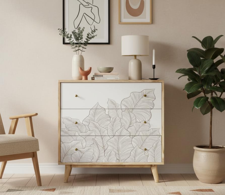 Image of Solid Wood Ranthambore Chest of Drawer | Dresser with 3 Drawers | Wooden Chest of Drawer | Chest of Drawers with Storage | Finish- Natural and White