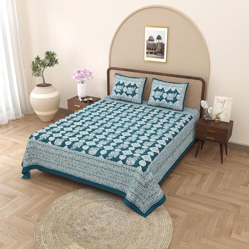Image of Opulent Collection Double Bedsheet with 2 Pillow Cover | 100% Cotton Bedsheets for Double Bed | Handloom Bedsheet | Size 86x90 inches | King Size (90X102 Inches) (Blue Jay, King)