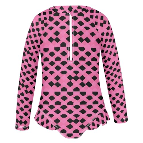 Pink Black Buffalo Check Plaid Girls Long Sleeve Rashguard Swimsuit One-Piece Swimwear Bathing Suit B04036552