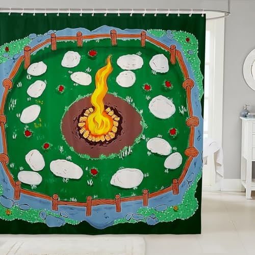 Erosebridal Cartoon Campfire Shower Curtain 72" Wx72 L Farmhouse Bathroom Curtains for Boys Girls Green Wooden Stones Camper River Flowers Bathroom Accessories