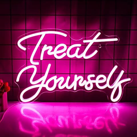Treat Yourself Neon Signs Pink Led Sign for Bedroom Wall Letter Neon Lights Wedding Signs Neon Room Decor for Birthday Gift Party Home Decor Bar Cover