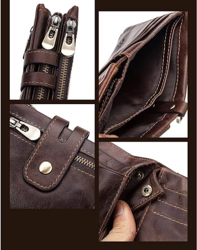 Leather Mens Wallet With Chain Genuine Leather Purse RFID Blocking Bifold Double Zipper Coin Pocket With Anti-Theft Chain Multifunctional Card Holder Minimalist Purse Zipper Coin Pocket With ID Window2