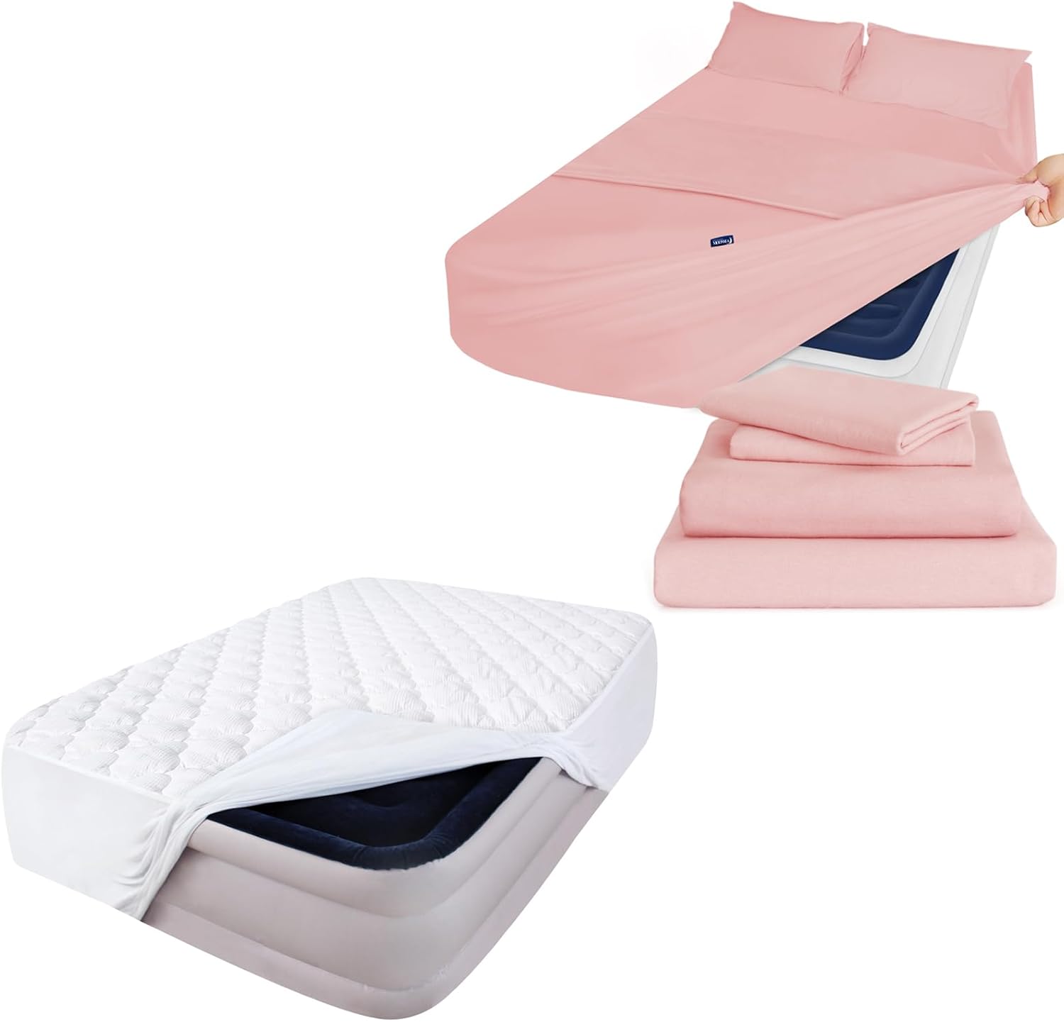 Deep Pocket Queen Mattress Pad and Cotton Flannel Queen Sheet Set, Extra Thick Quilted Mattress Topper Air Mattress Cover, Sheets with Pockets on Side, Fits 16 to 24 Inch Pillow Top Mattress