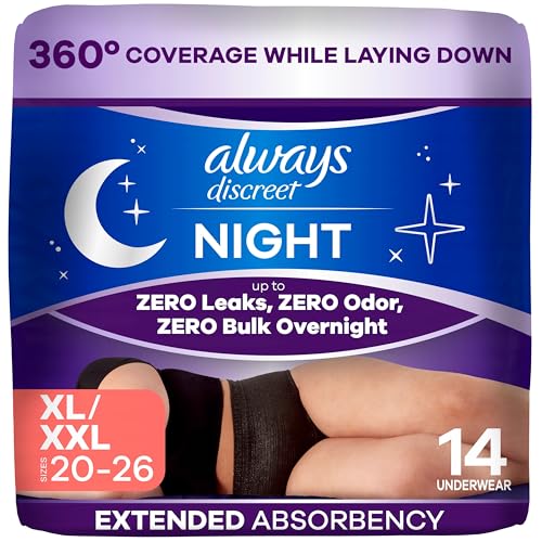 Image of Always Discreet Night, Reimagined Adult Diapers for Women, Extended Overnight Absorbency Incontinence and Postpartum Underwear Size XL/XXL, 360 Degree Coverage While Laying Down, 14 Count​