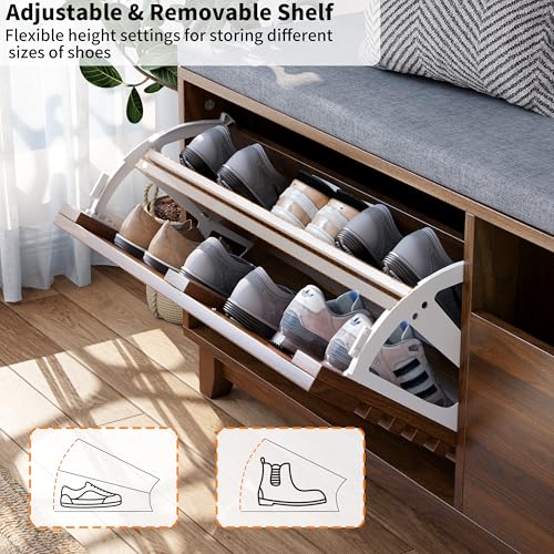 Gyfimoie 2-Tier Shoe Storage Bench,47\" Entryway Bench with 2 Flip Drawers & Padded Seat Cushion, Walnut Shoe Bench with Adjustable Shelves & Sliding Doors,Storage Bench for Entryway,Hallway,Bedroom