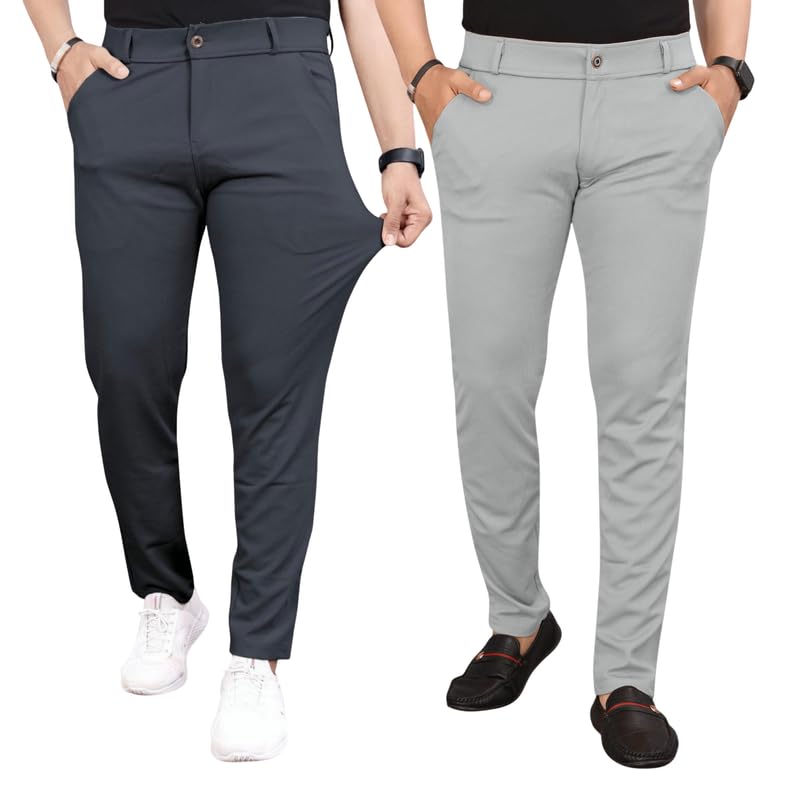 Men Slim Fit Lycra Blend Trousers | Stretchable, Wrinkle-Resistant & Breathable Pants with Pockets | Ideal for Office & Casual | Pack of 2