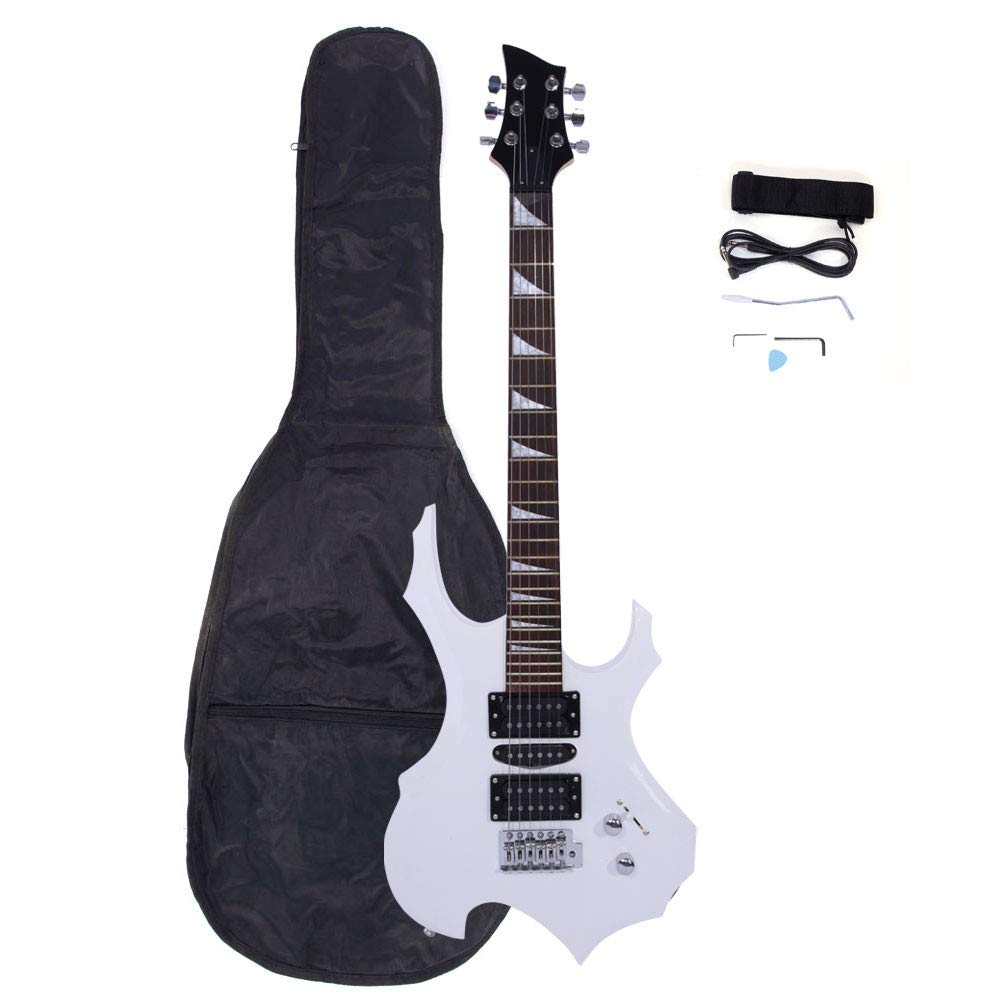 Novice Flame Shaped Electric Guitar HSH Pickup Bag Strap Paddle Rocker Cable Wrench Tool White