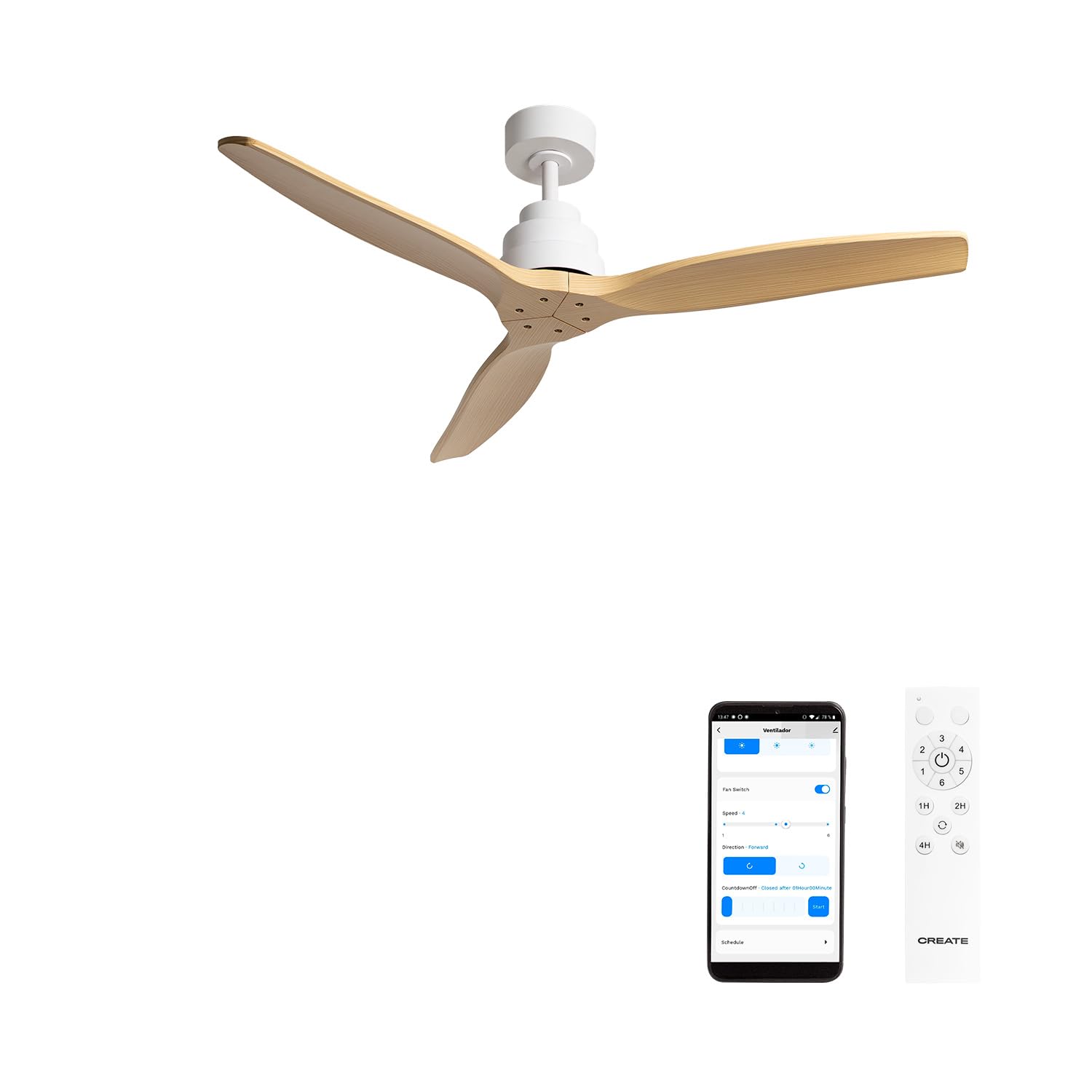 CREATE / WINDSTYLANCE M/Ventilador de techo ABS blanco aspas efecto madera natural con Wifi y mando / 40W, Silencioso, Ø132 cm, 6 velocidades, temporizador, verano-invierno, doble altura, motor DC