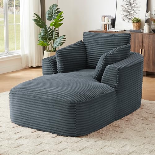 Image of 65 inch Soft Corduroy Chaise Lounge Chair Indoor, Lounge Chaise with Spring Cushion, Sleeper Sofa with No Assembly for Living Room and Apartment, Dark Grey