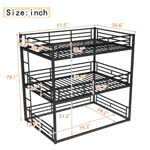 Image of Full Over Full Over Full Bunk Bed with Safety Guardrails, Modern Metal Triple Bed Frame for Kids, No Box Spring Required, Black