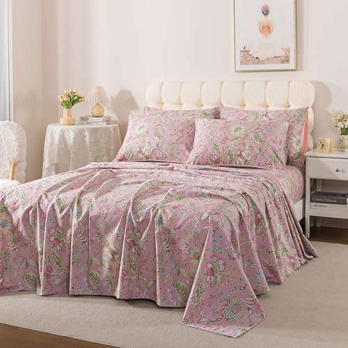 Image of FADFAY Full Sheet Set 4Pcs 100% Egyptian Cotton Bed Sheets Deep Pocket Soft Breathable Vintage Misty Pink French Country Bedding Shabby Cottagecore Floral Bedding Luxury Hotel Quality for All Seasons