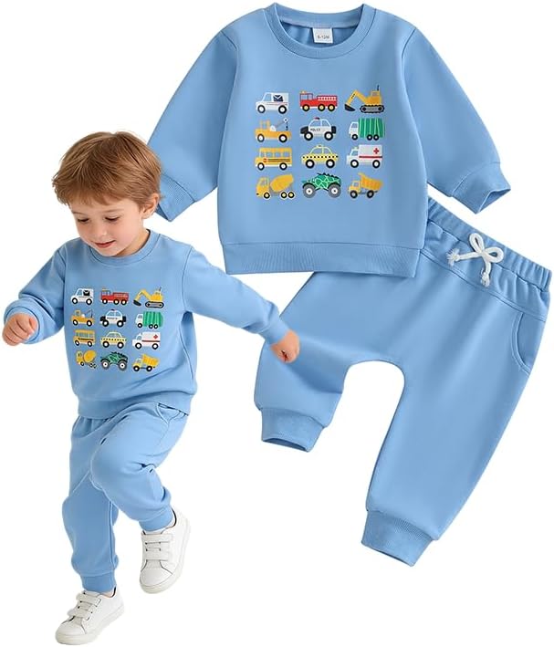 Toddler Baby Boy Fall Outfit Vehicle Print Long Sleeve Sweatshirt and Elastic Pants Set 2Pcs Winter Clothes