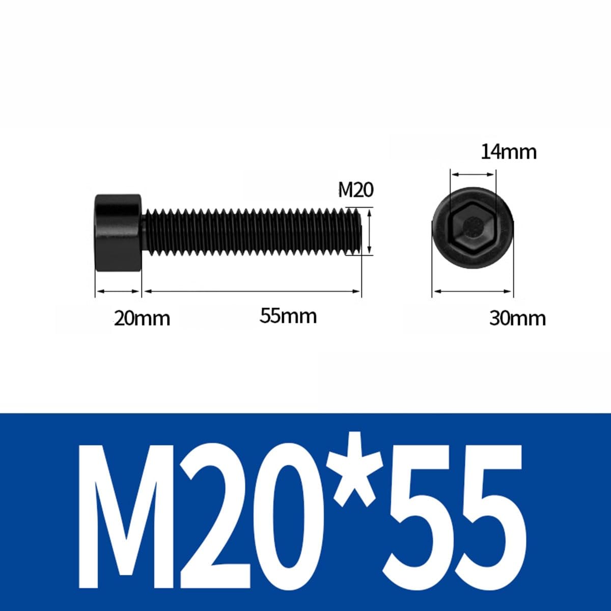 5 x śruby z łbem sześciokątnym M20 okrągłe, z łbem sześciokątnym, czarne, 30-90 mm długości (długość 55 mm)