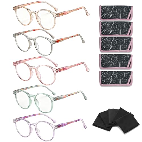 Image of 5-Pack Reading Glasses for Women Men, 0.0 Blue Light Blocking Computer Glasses with Spring Hinge, Round Fashion Readers with Case and Cleaning Cloth