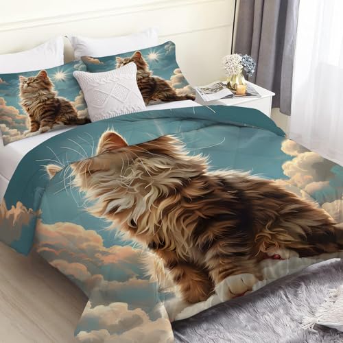 FamHarbor Lindo gato edredón individual 7,5 tog, estampado animal, reversible, sin funda, suave y cómodo juego de edredón para todas las estaciones (135 x 200 cm) con 2 fundas de almohada B258