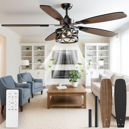 Ceiling Fans with Lights and Remote, 52'' Vintage Caged Ceiling Fan with Light, 5 Blades, 6+1 Speed, Flush Mount Ceiling Fan Whisper-quiet for Farmhouse, Living Room, Kitchen and Porch (52 Inch)