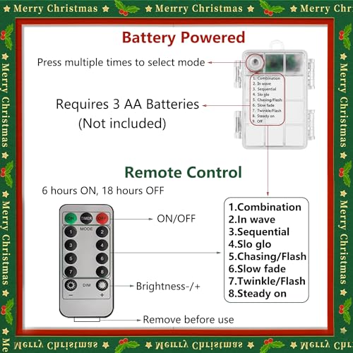 Image of Christmas Lights White Green Red String Lights, 4 Pack Totel 400LED Copper Lights Battery Operated Remote Control Fairy Lights for Xmas Tree, Party, Home, Indoor Outdoor Decor