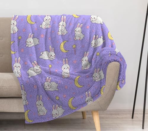 Allenjoy Cute Anime Moon and Bunny Blanket 57x50 - Soft Warm Throw Blankets for Couch Bed Living Room Home Office Bedroom Decor Gifts for Girls Teens Women Fans Daughter Washable