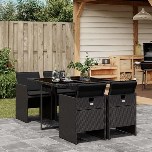 Salon de jardin 5 pièces en rotin synthétique noir, design cube peu encombrant, plateau en verre, chaises pliantes avec coussins pour balcon, terrasse,...