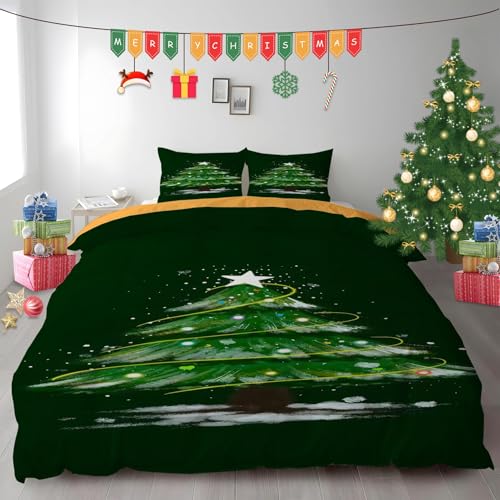 布団カバー ダブル クリスマステーマ|マイクロファイバー 掛け布団カバー 190x210 +枕カバー 2枚 3点セット|吸汗速乾・防静電気・洗濯耐久|肌ざわり最高 グリーンのクリスマスツリー なプリントデザイン PH616