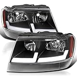 SPEC-D TUNING Black Headlights with Fiber Optic LED Strips Compatible with 1999-2004 Jeep Grand Cherokee, Left + Right Pair Headlamp Assembly