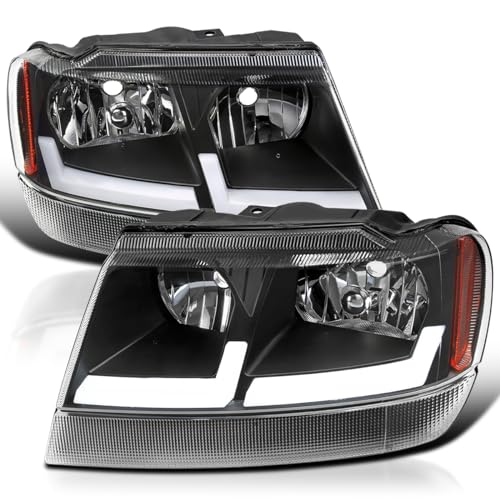 SPEC-D TUNING Black Headlights with Fiber Optic LED Strips Compatible with 1999-2004 Jeep Grand Cherokee, Left + Right Pair Headlamp Assembly