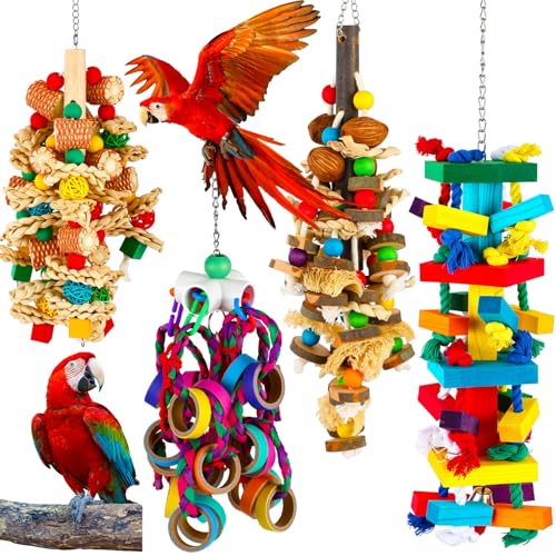 Soulchen 4 Pcs Extra Large Bird Parrot Toy Set Natural Wooden Chewing Toy Rattan Ball Wood Nut Loofah String (Bagged) for Large Macaws African Grey Amazon Parrots (Wooden Block)