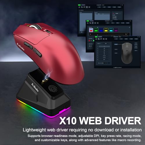 Image of Wireless Gaming Mouse with RGB Magnetic Charging Dock, Tri-Mode 2.4G /BT 5.3 /Wired, 12000 DPI, PAW3311 Sensor, 65g Lightweight, 7 Programmable Buttons, for PC /Mac (Red)