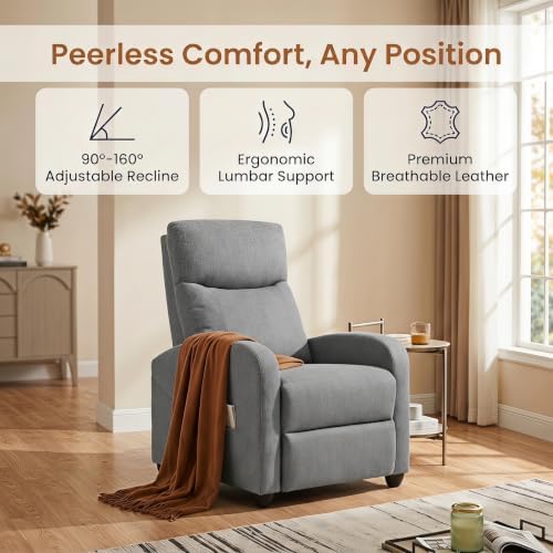 Image of Manual Recliner Chair, Oversized Lazy Boy Reclining Sofa with Adjustable Backrest & Extended Footrest, Ergonomic Single Recliner Couch for Home Theater Seating, Living Room, Bedroom, Gray