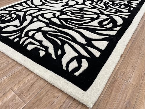 Image of Handmade Tufted Irregular Shape Wool Area Rug Botanical Design, Thick & Soft Carpet for Living Room, Bedroom Hall Room Color Black Size 6x8 feet (180x240cm)