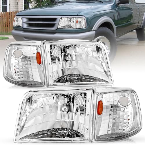 TUSDAR Headlight Assembly Chrome Housing and Amber Reflector Set for 1993-1997 Ford Ranger Headlamp Passenger & Driver Side