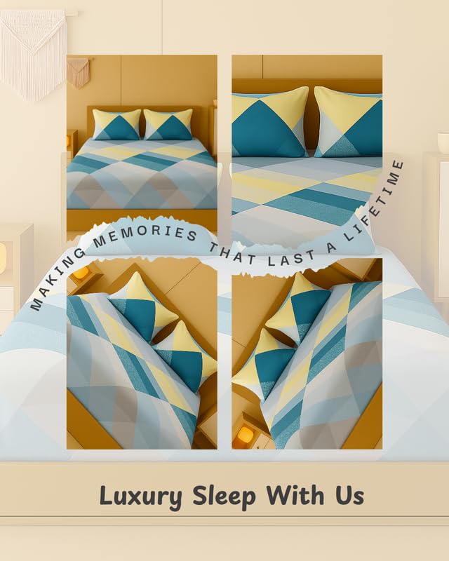 Image of NEW LEAF 320 TC Cotton All Around Elastic Fitted Printed Bedsheets King Size, Premium Fitted Bedsheets King Size for Double Bed with 2 Pillow Covers, Size- 78 inch x 72 inch Teal Aqua