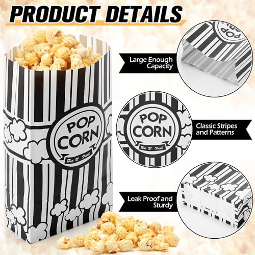 Image of Leinuosen Paper Popcorn Bags Bulk 2 oz Large Flat Bottom Boxes Disposable Container Sleeve Movie Night Popcorn Bucket for Retro Movie Themed Party Carnival Supplies (Black and White,500 Pcs)