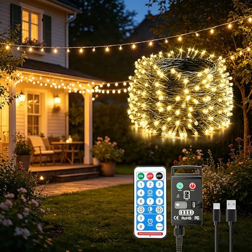 Guijiyi Guirlande Lumineuse à Pile Rechargeables Intérieur Extérieur LED 20M 200 LED avec Télécommande et Minuterie, 8 Modes d'Éclairage Étanche IP44...