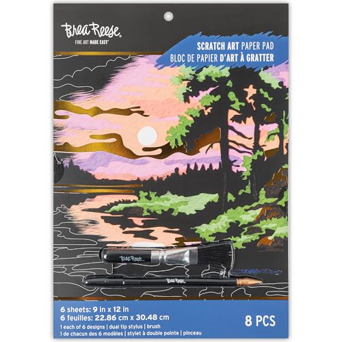 Brea Reese: Scratch Art Paper Pad - Seasonal Landscapes - 6 Designs Guided Art Metallic Accents Dual-Tip Stylus & Brush 9x12 Pages Adult Craft