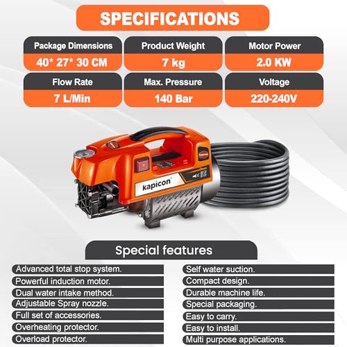 Image of KP-10 High Pressure Washer for Car & Bike | 2000W Copper Motor, 140 Bar Pressure, 7L /Min Flow, 8M Hose, Foam Cannon | Portable Electric Pressure Washer for Home Cleaning (Orange)