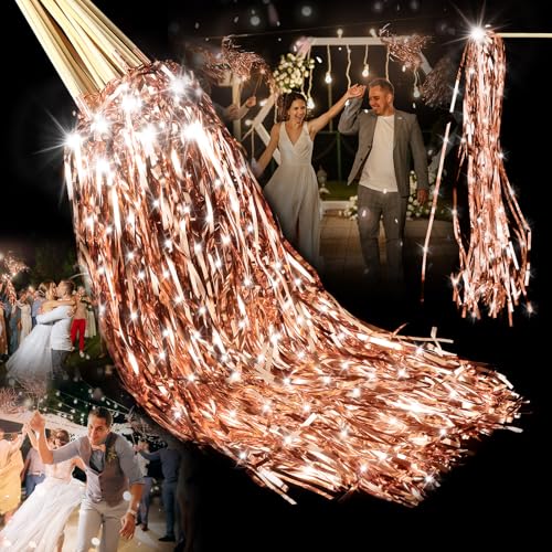 Image of Simgoing 100 Pcs Lighted Wedding Wands LED Tinsel Wands Light up Streamers Sparklers for Wedding Send Off and Exits Birthday Party Props Favors(Rose Gold)