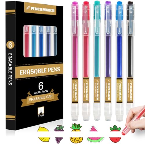 Ezigoo Boligrafos Borrables Punta 0.7 mm de Tinta Recargable Colores Gel Bolígrafo para el Colegio, Universidad y Oficina con Doble Goma Incorporada y Agarre Ergonómico, Surtidos 6 Uds