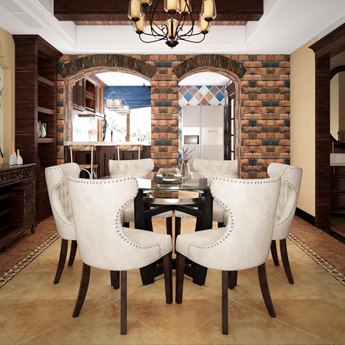 PADMA HOUSE Tempered Glass Dining Table Chair Set with 6 High-end Button-Tufted Leather Dining Room Chairs 48" Round Kitchen Table with Glasstop and 6 Table Side Chairs with Nailhead Trim, Ivory