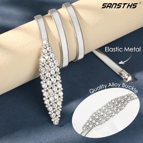 SANSTHS Womens Elastic Thin Metal Waist Belt, Stretch Chain Belt for Dresses, Skinny Rhinestone Adjustable Waistband2