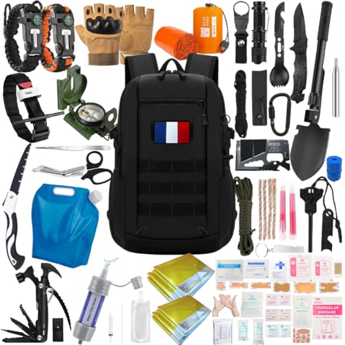 kit de Survie XXL + Trousse De Secours Ultra Complete – Mini Pelle Pioche Pliante – scie – Boussole – Paracorde – Couteau Pliant Multifonction – Allume Feu – Lampe Torche – Filtre à Eau – Garrot…